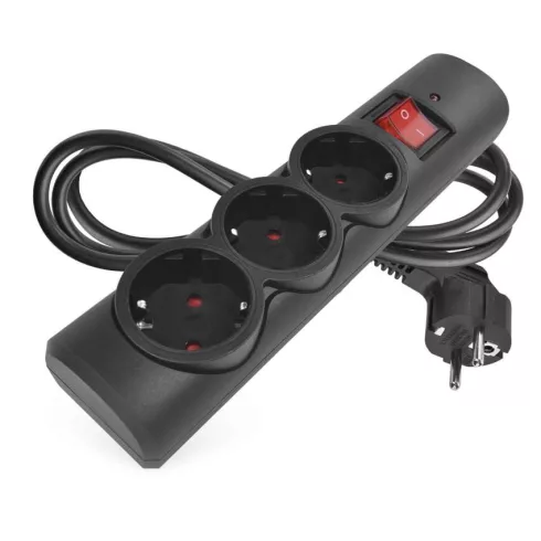 Túlfeszültségvédő elosztó, kapcsolóval, 3 aljzat, 1,5m H05VV-F3G1,5mm2, 2300W max., 10A max., fekete  P54214