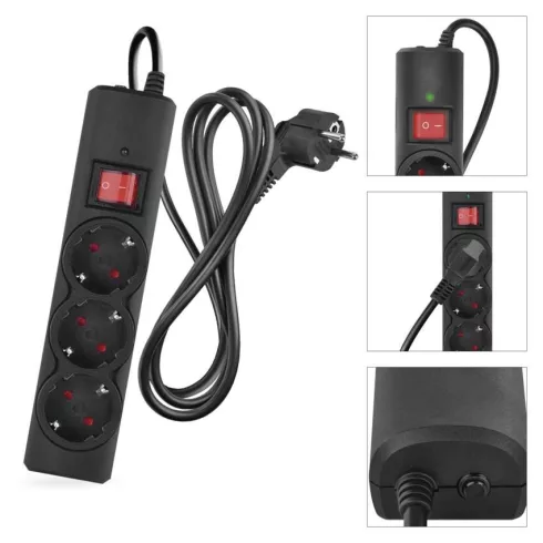 Túlfeszültségvédő elosztó, kapcsolóval, 3 aljzat, 1,5m H05VV-F3G1,5mm2, 2300W max., 10A max., fekete  P54214