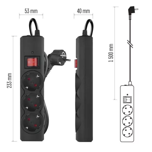 Túlfeszültségvédő elosztó, kapcsolóval, 3 aljzat, 1,5m H05VV-F3G1,5mm2, 2300W max., 10A max., fekete  P54214
