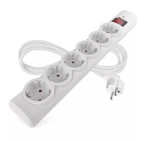 Túlfeszültségvédő elosztó, kapcsolóval, 6 aljzat, 1,5m H05VV-F3G1,5mm2, 2300W max., 10A max., fehér   P54215