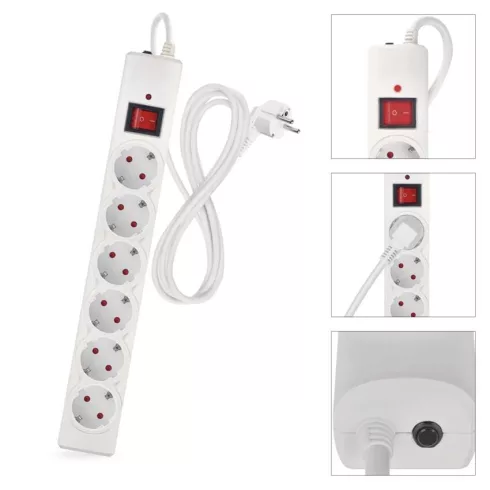 Túlfeszültségvédő elosztó, kapcsolóval, 6 aljzat, 1,5m H05VV-F3G1,5mm2, 2300W max., 10A max., fehér   P54215