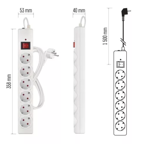 Túlfeszültségvédő elosztó, kapcsolóval, 6 aljzat, 1,5m H05VV-F3G1,5mm2, 2300W max., 10A max., fehér   P54215