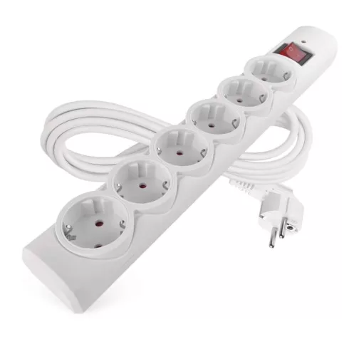 Túlfeszültségvédő elosztó, kapcsolóval, 6 aljzat, 3m H05VV-F3G1,5mm2, 2300W max., 10A max., fehér     P54216