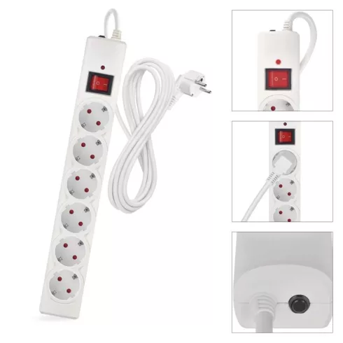 Túlfeszültségvédő elosztó, kapcsolóval, 6 aljzat, 3m H05VV-F3G1,5mm2, 2300W max., 10A max., fehér     P54216
