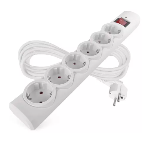 Túlfeszültségvédő elosztó, kapcsolóval, 6 aljzat, 5m H05VV-F3G1,5mm2, 2300W max., 10A max., fehér     P54217