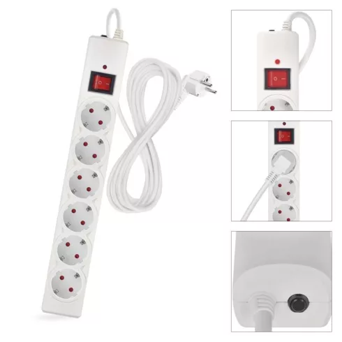 Túlfeszültségvédő elosztó, kapcsolóval, 6 aljzat, 5m H05VV-F3G1,5mm2, 2300W max., 10A max., fehér     P54217