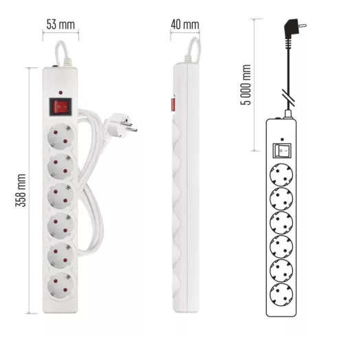 Túlfeszültségvédő elosztó, kapcsolóval, 6 aljzat, 5m H05VV-F3G1,5mm2, 2300W max., 10A max., fehér     P54217