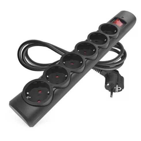 Túlfeszültségvédő elosztó, kapcsolóval, 6 aljzat, 1,5m H05VV-F3G1,5mm2, 2300W max., 10A max., fekete  P54218
