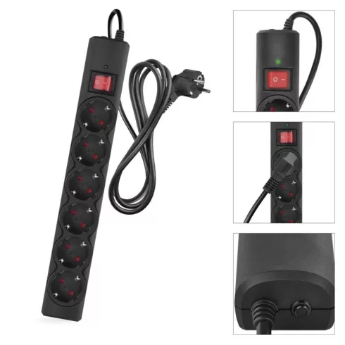 Túlfeszültségvédő elosztó, kapcsolóval, 6 aljzat, 1,5m H05VV-F3G1,5mm2, 2300W max., 10A max., fekete  P54218