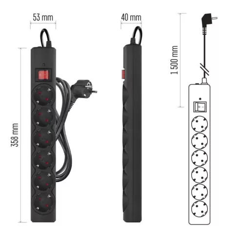 Túlfeszültségvédő elosztó, kapcsolóval, 6 aljzat, 1,5m H05VV-F3G1,5mm2, 2300W max., 10A max., fekete  P54218
