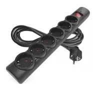   Túlfeszültségvédő elosztó, kapcsolóval, 6 aljzat, 3m H05VV-F3G1,5mm2, 2300W max., 10A max., fekete    P54219