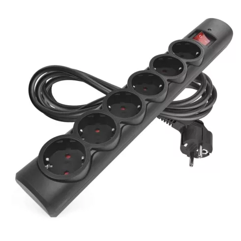 Túlfeszültségvédő elosztó, kapcsolóval, 6 aljzat, 3m H05VV-F3G1,5mm2, 2300W max., 10A max., fekete    P54219