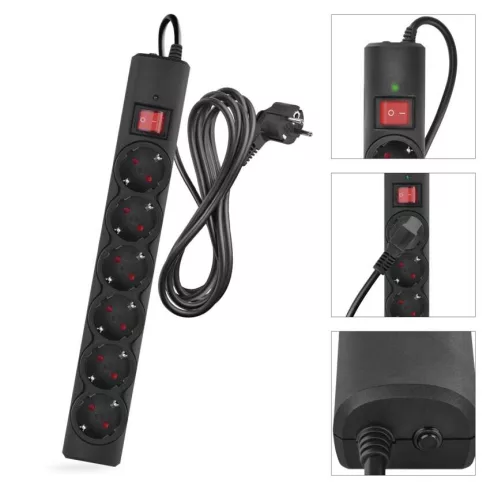 Túlfeszültségvédő elosztó, kapcsolóval, 6 aljzat, 3m H05VV-F3G1,5mm2, 2300W max., 10A max., fekete    P54219