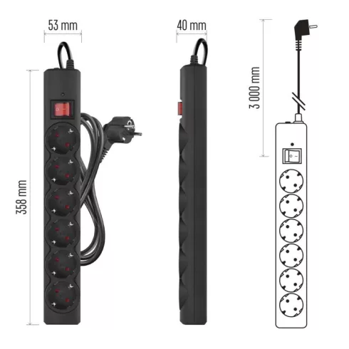 Túlfeszültségvédő elosztó, kapcsolóval, 6 aljzat, 3m H05VV-F3G1,5mm2, 2300W max., 10A max., fekete    P54219