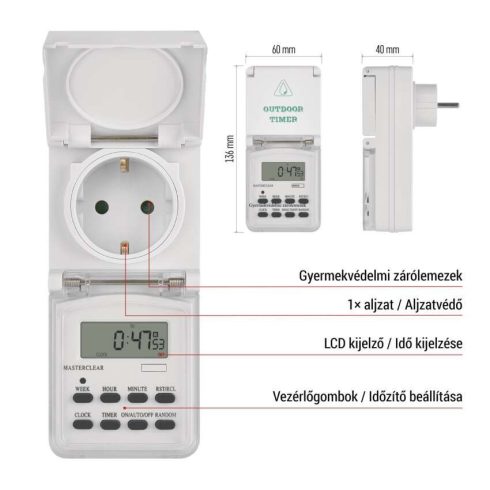 Digitális kapcsolóóra aljzattal, kültéri, 3680 W, 10 kapcsolás naponta, tartalék akkumulátor, IP44    P5525N
