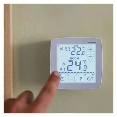 Programozható vezetékes OpenTherm szobatermosztát, 7-30°C, 0,2°C fokonként, 2xAA, fehér               P56A02
