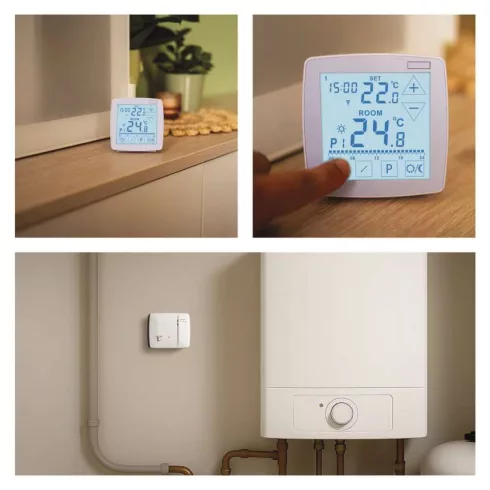 Programozható vezeték nélküli OpenTherm szobatermosztát, 7-30°C, 0,2°C fokonként, 100m táv, fehér     P56A11