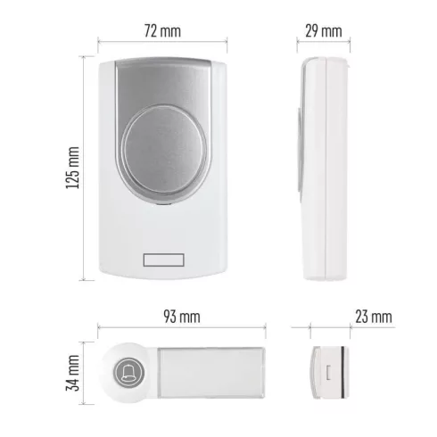 Vezeték nélküli csengő P5723, elemes, max. 100m, 75dB, 36 dallam, IP44, fehér                         P5723