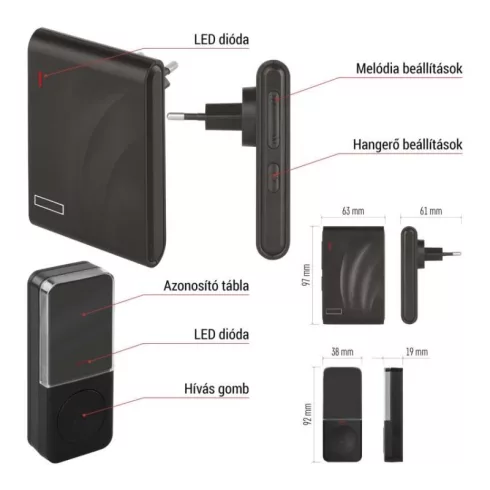 Vezeték nélküli csengő, 230 V AC, 150 m hatótáv, 10 dallam, 100 dB, 1x CR2032 (tartozék), IP56        P5727N