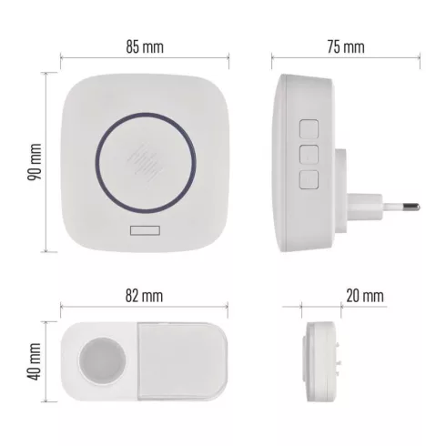 Vezeték nélküli csengő, 230 V AC, 150 m hatótáv, 90 dB, 36 dallam, fehér                              P5737