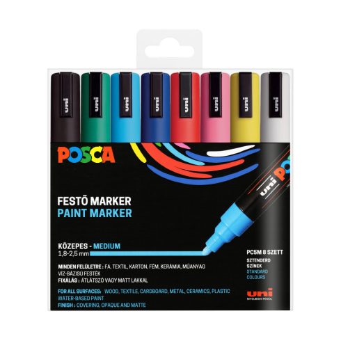 uni Posca dekormarker készlet, 8db-os, megfordítható és cserélhető hegy 1,8-2,5 mm, vízbázisú festék  PC-5M