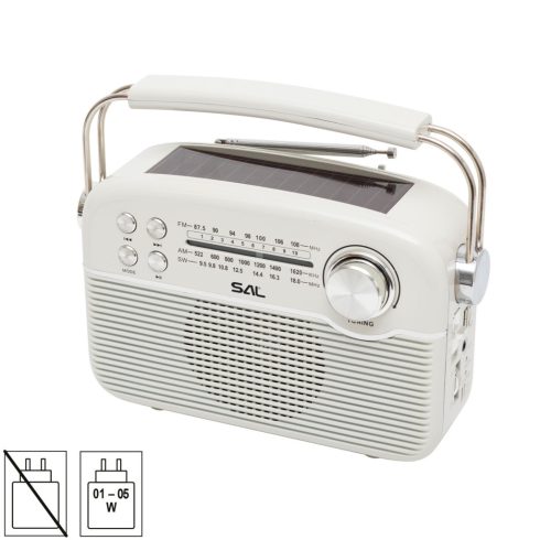 Napelemes hibrid rádió, akkumulátor vagy elem, BT-FM-AM-SW, AC-DC-SOLAR, USB, microSD, fehér, HSO     RPR9