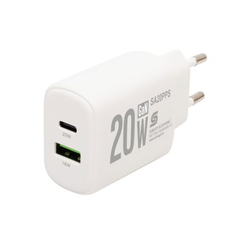 USB hálózati gyorstöltő, 20W, USB-A+USB-C aljzat, QC + PD + PPS gyorstöltés, GaN technológia, HSO     SA20PPS