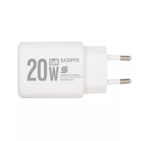 USB hálózati gyorstöltő, 20W, USB-A+USB-C aljzat, QC + PD + PPS gyorstöltés, GaN technológia, HSO     SA20PPS
