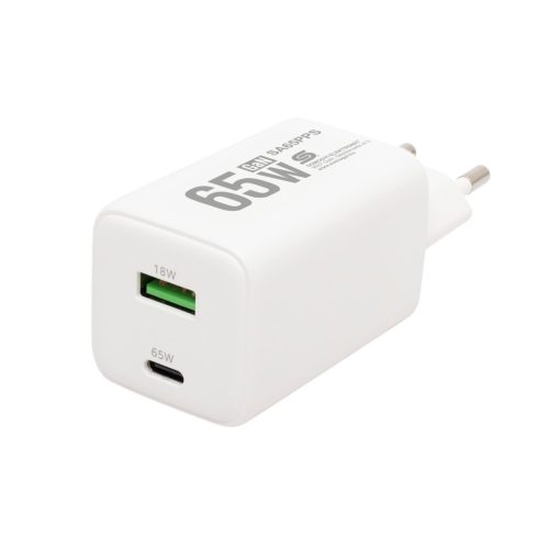 USB hálózati szupergyors töltő, 65W, USB-A+USB-C aljzat, QC+PD+PPS gyorstöltés, GaN technológia, HSO  SA65PPS