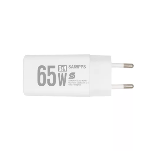 USB hálózati szupergyors töltő, 65W, USB-A+USB-C aljzat, QC+PD+PPS gyorstöltés, GaN technológia, HSO  SA65PPS
