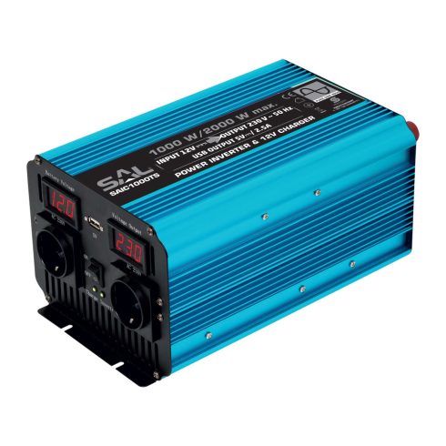 Feszültségátalakító, 1000 W névleges telj., tiszta szinuszos, 2 védőérintkezős aljzat, szünetmentes,  SAIC1000TS