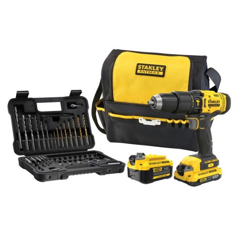 STANLEY FATMAX 18 Volt-os V20 akkumulátoros ütvefúró/csavarozó, 2 Ah + 4 Ah akkuval, tartozék készle  SFMCD711DMA-Q