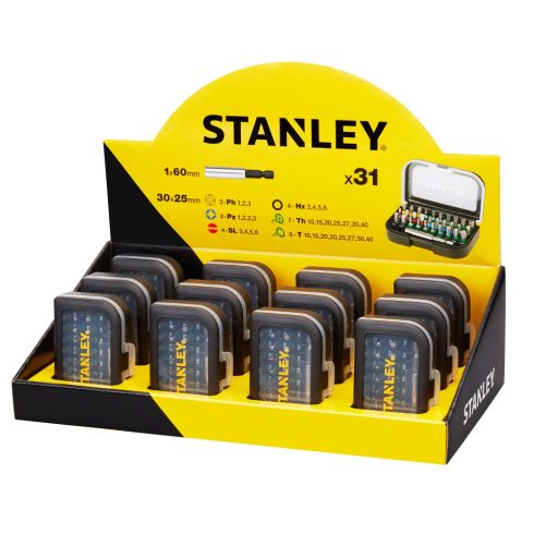 STANLEY Bitfej szett, 31 darabos, mágneses bittartóval, állványos / 12 db                             STA60491M-XJ
