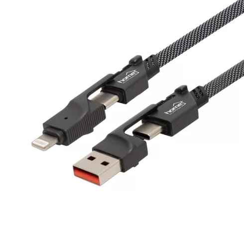 USB töltőkábel 4in1, 1,1m, 66W, gyorstöltés, szőtt nylon burkolat, lapos, gabalyodásmentes kábel HSO  USB4X1