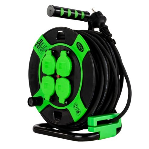 Kábeldob, kültéri, műanyag, 25m, 4 dugalj H05RR-F 3x1,5mm2 gumis vezetékkel, IP44, KDBIP25            VT0010215412