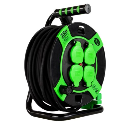 Kábeldob, kültéri, műanyag, 25m, 4 dugalj H05RR-F 3x1,5mm2 gumis vezetékkel, IP44, KDBIP25            VT0010215412