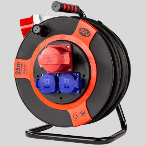 Kábeldob, kültéri, műanyag, 25m, 1db CEE és 2 dugalj H07RN-F 5x2.5 400/250V 16A IP44                  VT0010315612