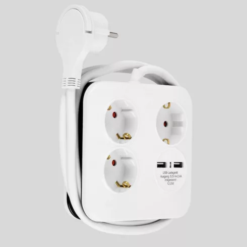 Asztali elosztó PowerQuad 3-as, 1.4m, 2db USB-vel, fehér, 2db USB-vel , USB 5V 2.4A vagy 2x1.2A, 250  VT0012378109