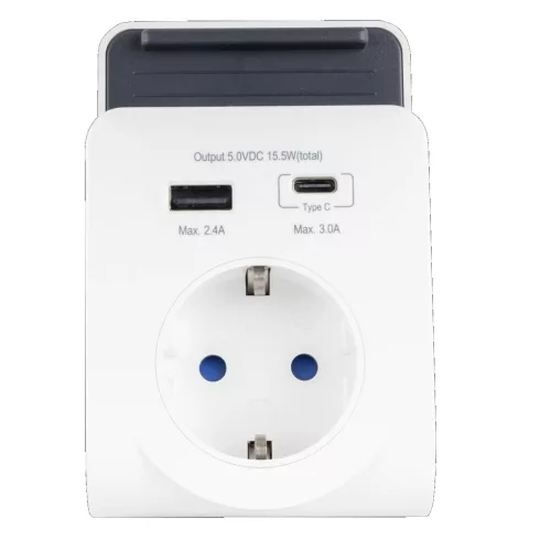Földelt köztes csatlakozó aljzat 2xUSB (A-C) töltővel és mobiltartóval, IP20, fehér                   VT0020770112