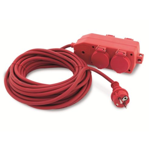 Földelt lengő hosszabbító csapfedeles 4db dugaljjal, 10m, H05VV-F 3x1.5, piros                        VT77006
