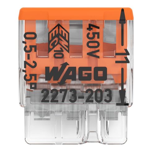 WAGO összekötő, 3 pólus 0,5-2,5mm2, nem bontható                                                      WAGO2273-203