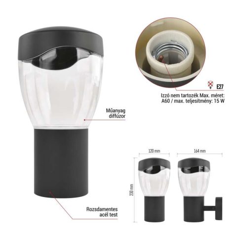 ARTEO fali lámpa, E27 (max. 15 W), IP44, antracit                                                     ZGA010P