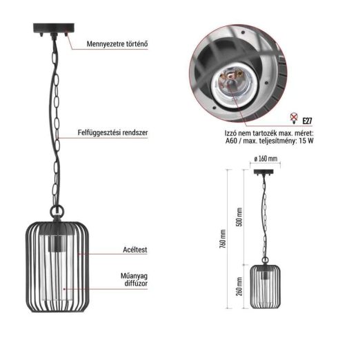 SALVIA függő lámpa, E27 (max. 15 W), IP44, fekete                                                     ZGD070P