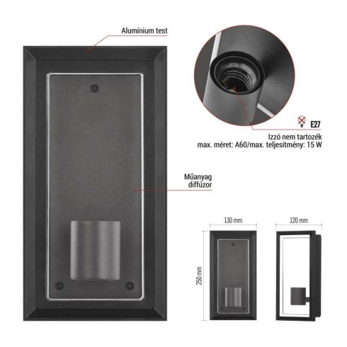 MALVA fali lámpa, E27, IP44, fekete                                                                   ZGH010P