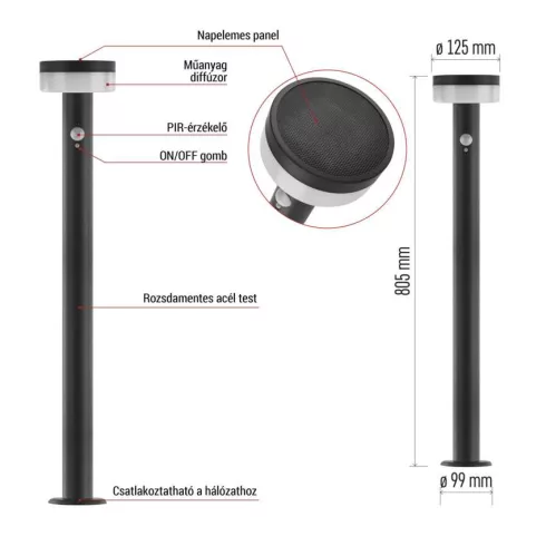 TERION szolár oszloplámpa, LED, PIR, alkonykapcsolóval, IP44, antracit                                ZGJ0F4S