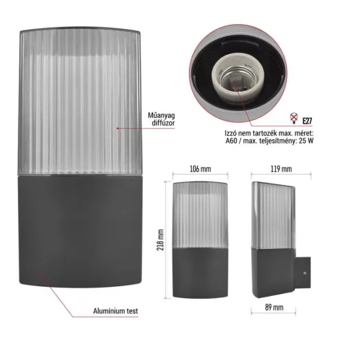 LANA fali lámpa, E27 (max. 25 W), IP54, antracit                                                      ZGL010P