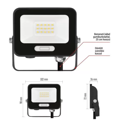 LED reflektor, 10W, 1000lm, 4000K, NW, 120°, fekete, IP65, F, GLARO                                   ZS2214B