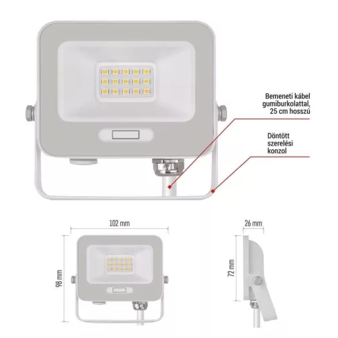 LED reflektor, 10W, 1000lm, 4000K, NW, 120°, fehér, IP65, F, GLARO                                    ZS2214W