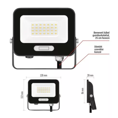 LED reflektor, 20W, 2000lm, 4000K, NW, 120°, fekete, IP65, F, GLARO                                   ZS2224B