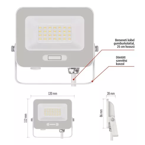 LED reflektor, 20W, 2000lm, 4000K, NW, 120°, fehér, IP65, F, GLARO                                    ZS2224W